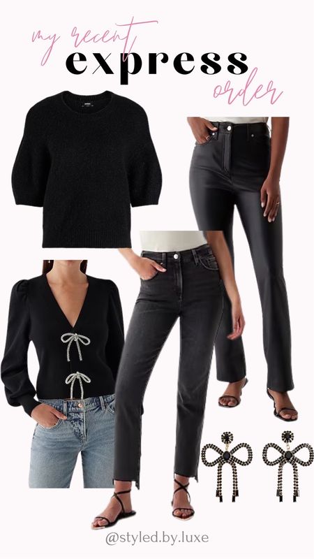 My recent express order!

Short sleeve sweater, black jeans, coated denim, bow earrings, holiday outfit, black outfit 

#LTKSeasonal #LTKstyletip #LTKfindsunder100