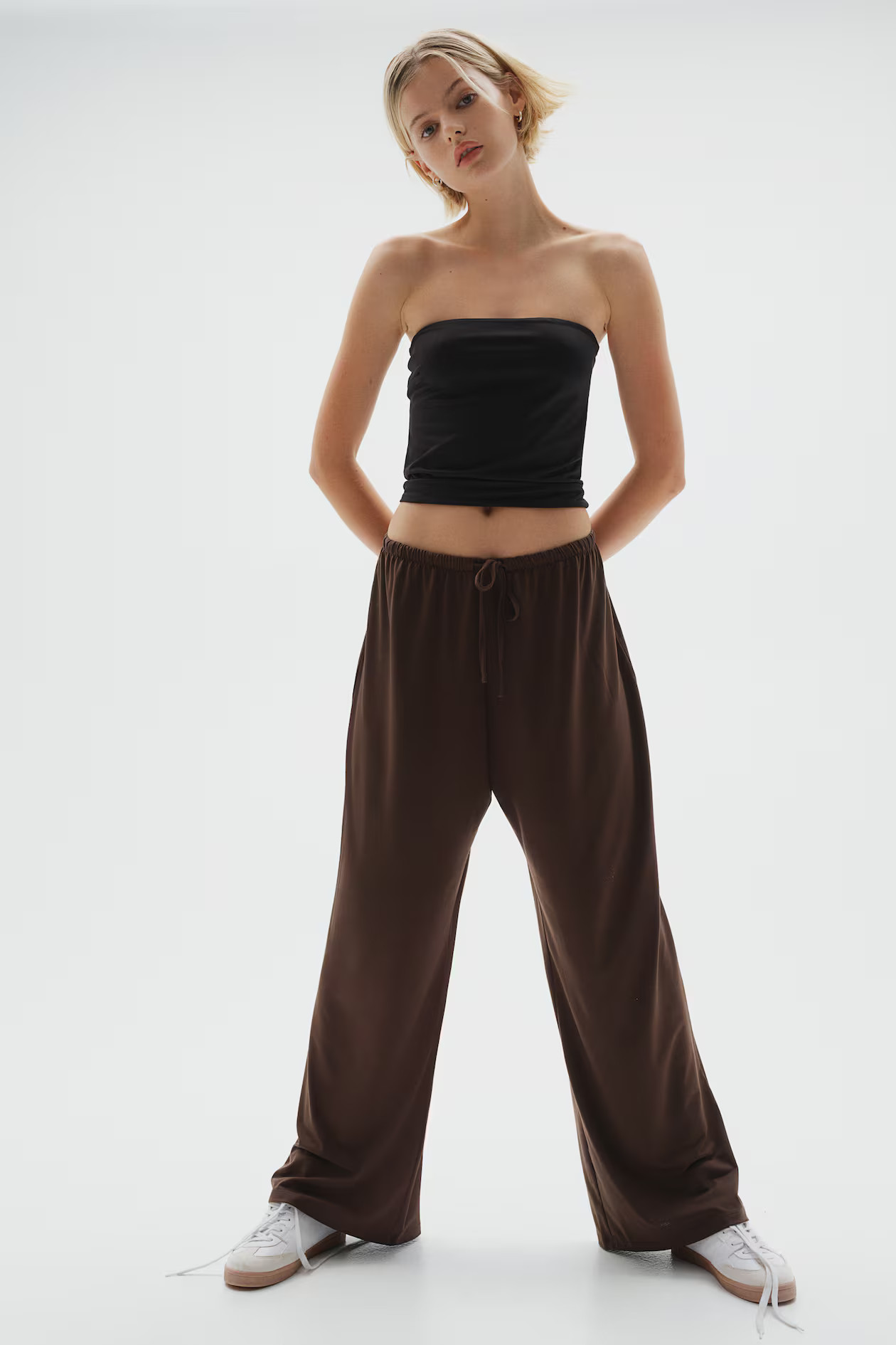Jersey drawstring trousers - Regular waist - Long - Dark brown - Ladies | H&M GB | H&M (UK, MY, IN, SG, PH, TW, HK)