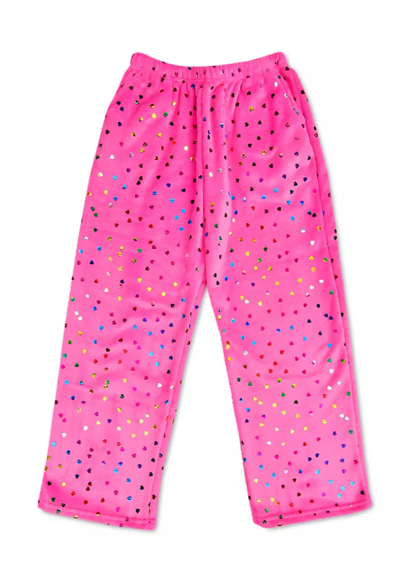 Girls 7-16 Bright Pink Foil Hearts Plush Pants | Belk