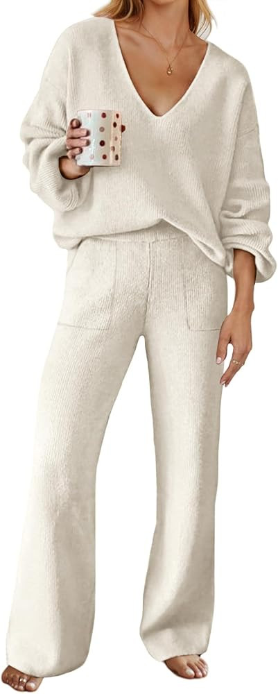 MEROKEETY Women's 2 Piece Outfits Long Sleeve V Neck Knit Pullover Tops and Wide Leg Pant Lounge ... | Amazon (US)