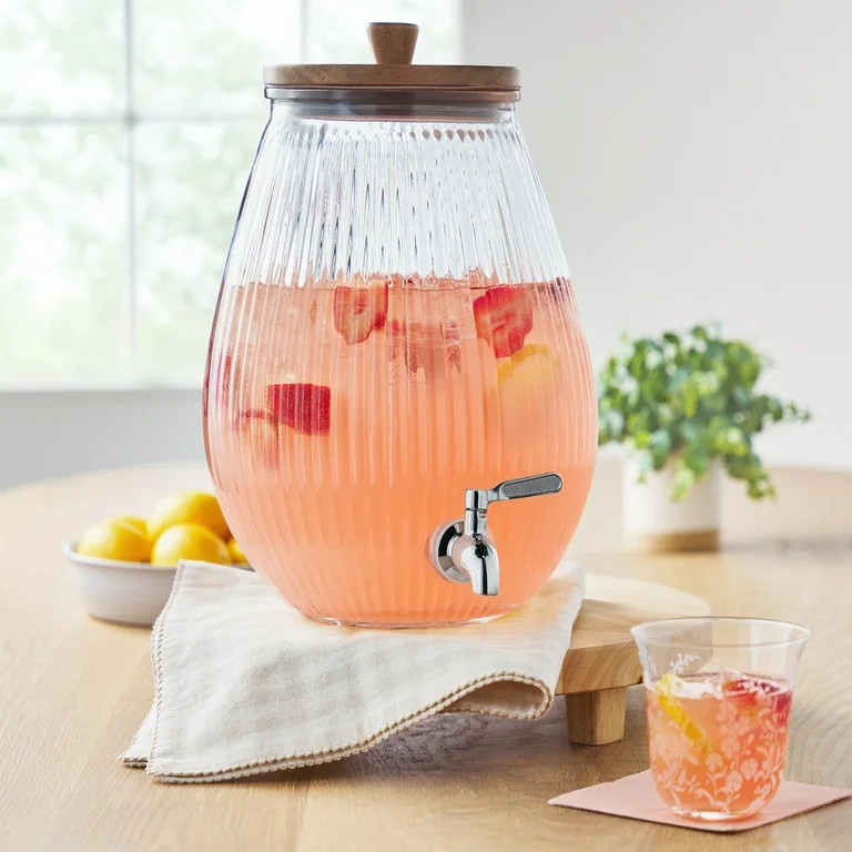 The Pioneer Woman Glass 2 Gallons Ribbed Beverage Dispenser with Wood Lid | Walmart (US)