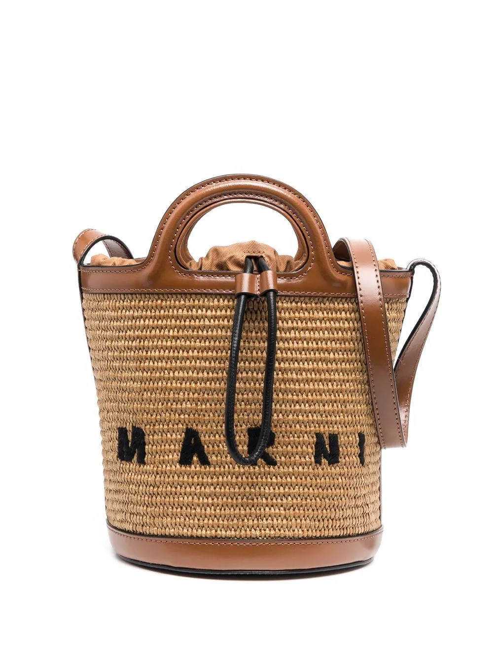 Marni Tropicalia small bucket bag in leather and raffia-effect fabric - Brown | Farfetch Global