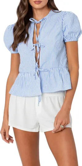EDIKTED Stripe Tie Front Puff Sleeve Shirt | Nordstrom | Nordstrom