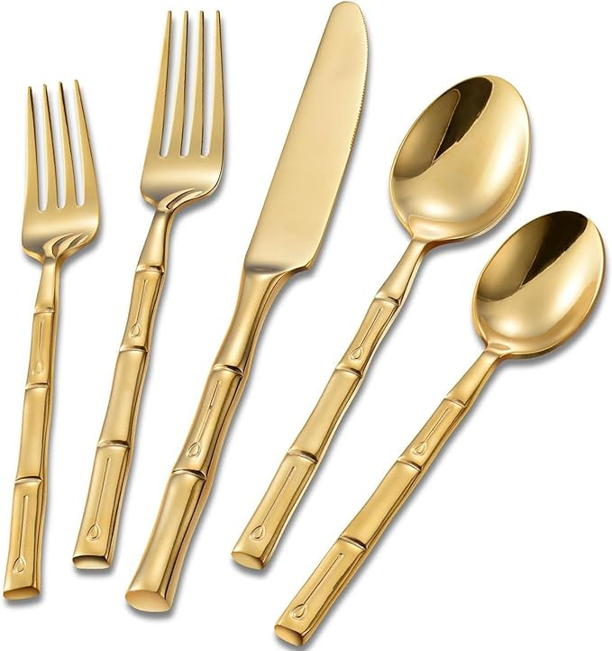 Bamboo Gold 20-Piece Silverware Set, Stainless Steel Flatware Set, Cutlery Set Mirror Polished, D... | Amazon (US)