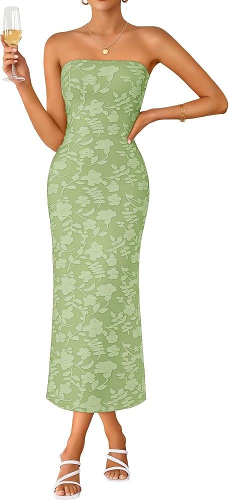 ZESICA Women's 2026 Summer Floral Strapless Bodycon Midi Dress Off Shoulder Beach Formal Cocktail... | Amazon (US)