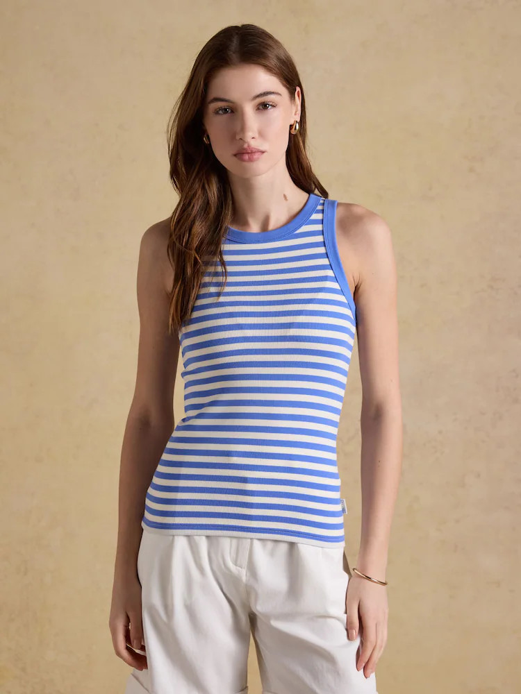 Joules Sofia Blue & White Striped Ribbed Cotton Rich Jersey Vest | Next US