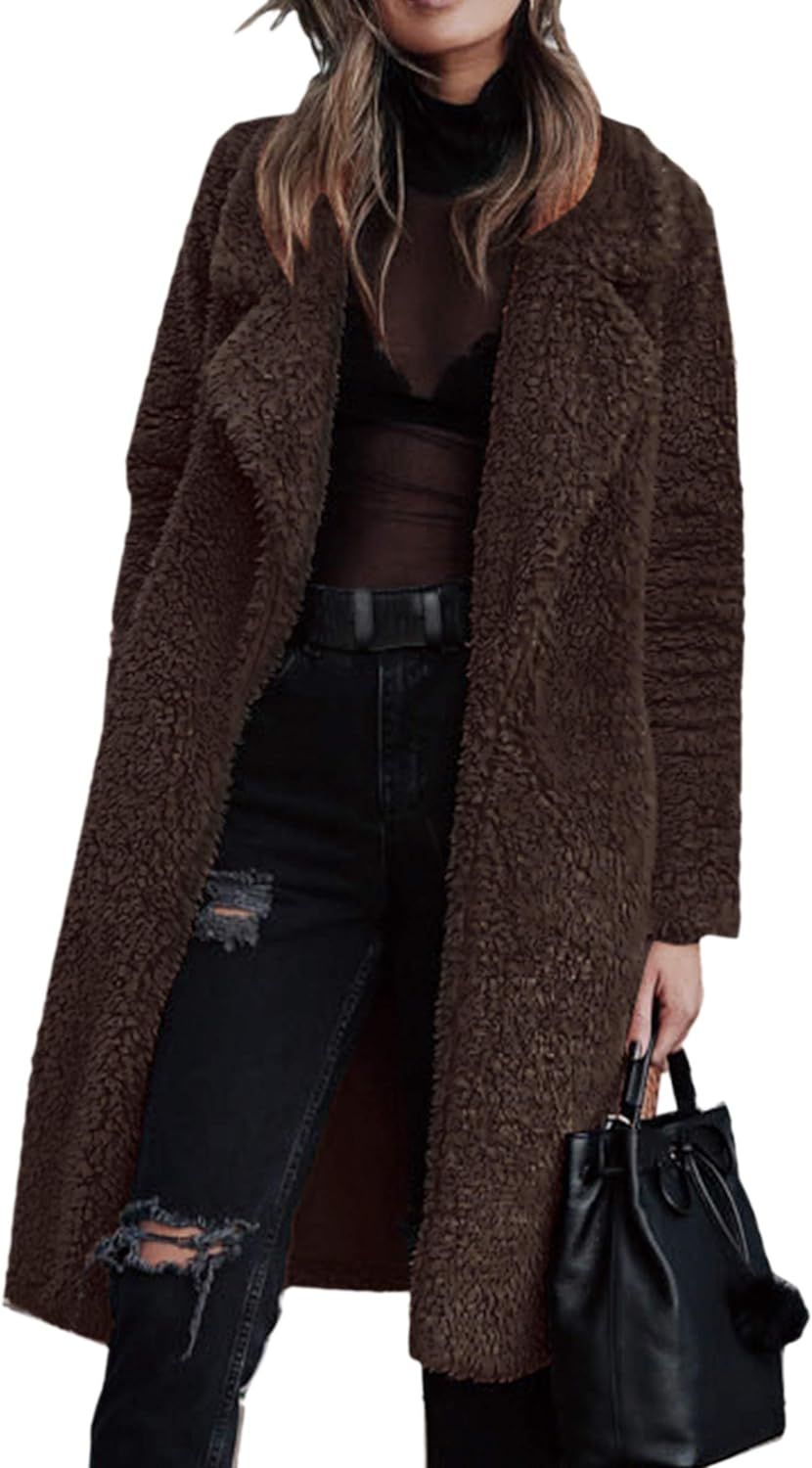 Angashion Women's Fuzzy Fleece Lapel Open Front Long Cardigan Coat Faux Fur Warm Winter Outwear J... | Amazon (CA)