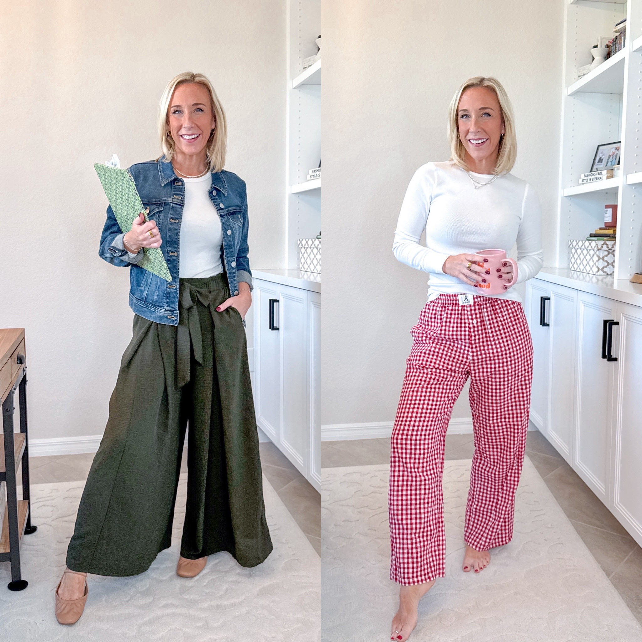 Week of Work Wear: * white t-shirt - size small. * red gingham pants - size small. 

THURSDAY: denim jacket - size small // green flowy pants - size small // white long sleeve tee - size small. 

 * teacher outfit, teacher clothes, teacher style, office outfit.
 

 

#LTKFindsUnder50 #LTKWorkwear #LTKSeasonal