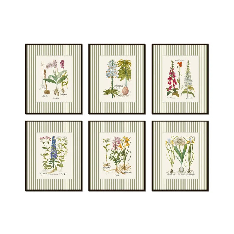 Green Striped Antique Botanical Print Set No. 3, Vintage Botanical Prints, Botanical Art, Giclee,... | Etsy (US)