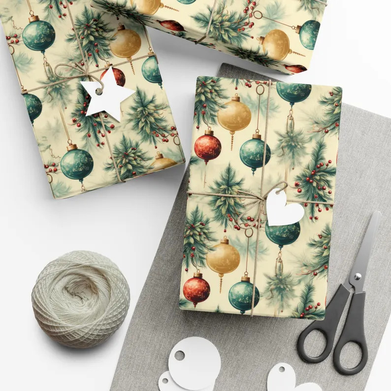 Vintage Christmas Ornament Gift Wrapping Paper Vintage Style Christmas Paper EcoFriendly Wrapping... | Etsy (Global)