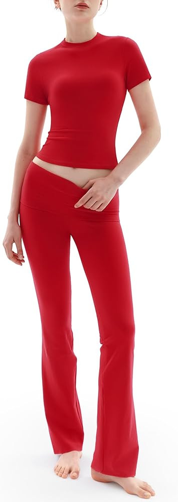 PUMIEY Women's 2 Piece Lounge Sets Short Sleeve Tops Fold-Over Flare Pants Casual Outfits Matchin... | Amazon (US)