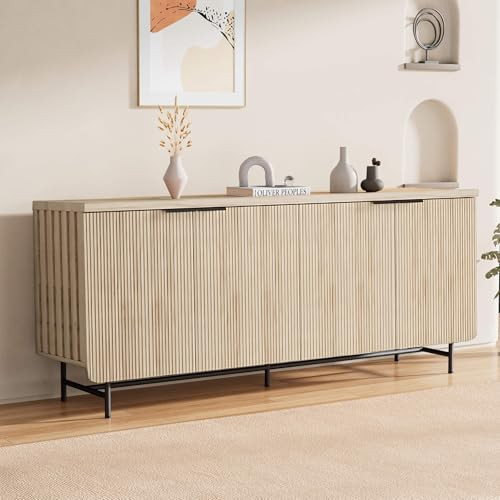 SAINTCY 68" Large Fluted Sideboard Buffet Cabinet with 4 Doors, Multifunctional Storage Sideboard with Adjustable Shelves, Credenza Accent Cabinet Console Table for Living Room, Dinning Room, Oak | Amazon (US)