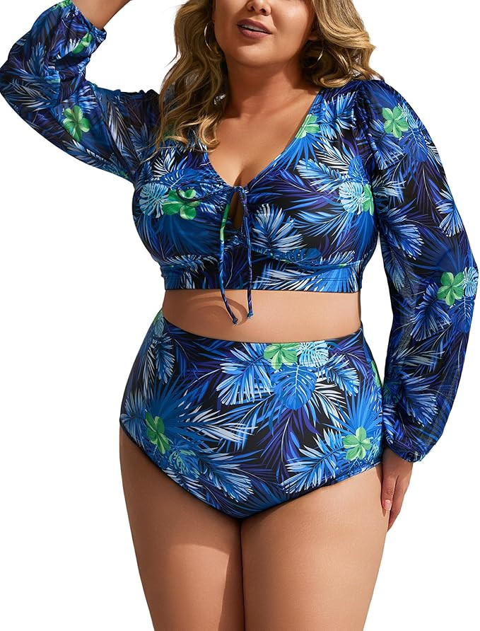 Hanna Nikole Women's Plus Size High Waist Bikini Set Tummy Control Swimsuits Long Sleeve Two Piec... | Amazon (US)