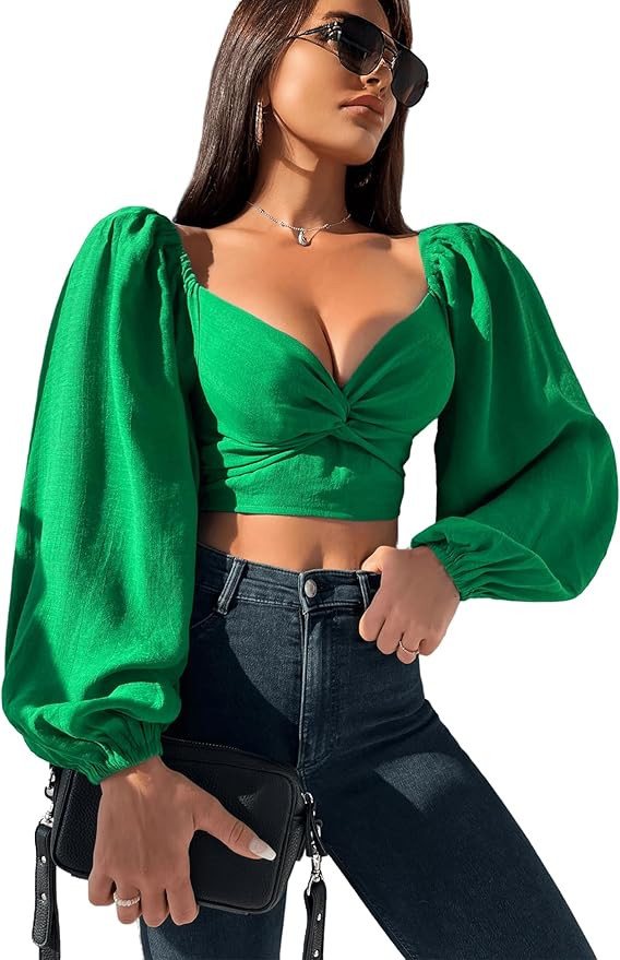 VIDUSSA Women's Puff Long Sleeve Crop Tops Twisted Knot Front V Neck Smocked Shirts Blouses | Amazon (US)