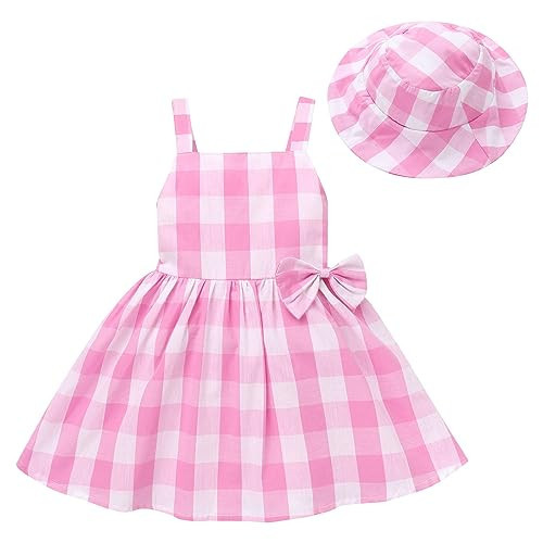 Baby Girl Pink Plaid Outfit Toddler Pink White Plaid Dresses Girls Sleeveless Backless Pink Gingham Dress with Pink Gingham Hat Pink Plaid 2-3 Years | Amazon (US)