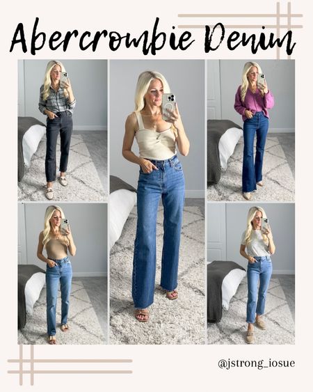 Abercrombie Denim under $100! Lots of trendy styles to choose from! They come in short and tall lengths and a curvy option that gives you two extra inches in the hips and thighs. Black pair is mom style, relaxed fit. Center pair is 90s relaxed fit. Purple sweater is paired with a flare denim. Brown tank is paired with 90s straight style. Stripe tee is paired with a straight ankle style. Wearing short length and I’m 5’1. 

The 90s style is a longer pant/relaxed fit denim, on trend for another year! Mom jeans are also a relaxed fit. The flare style is nice if you want to dress up an outfit. My most worn pair is the ankle straight. It’s a combo or in between style of the skinny and relaxed fit. 

#LTKFind #LTKstyletip #LTKunder100