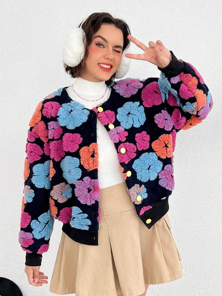 SHEIN Qutie Plus Floral Pattern Drop Shoulder Teddy Jacket | SHEIN