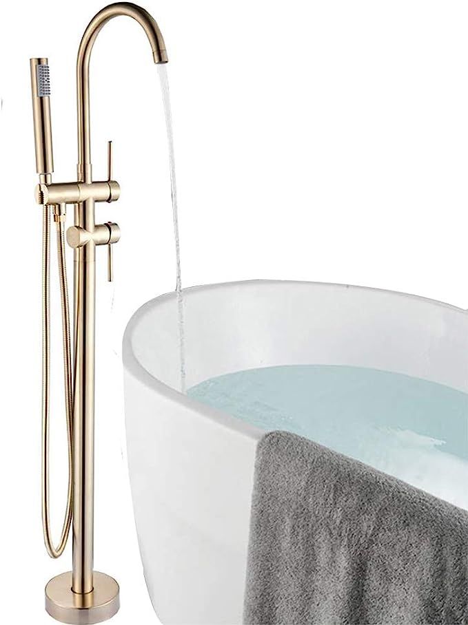 Onyzpily Brushed Gold Floor Mounted Bathtub Bathroom Freestanding Tub Tap Mixer ABS Handheld Show... | Amazon (UK)