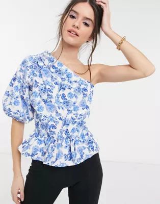 River Island floral asymmetric peplum top in blue | ASOS (Global)