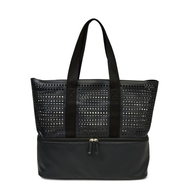 No Boundaries Women’s Zip Bottom Beach Tote Handbag, Black Perforated | Walmart (US)