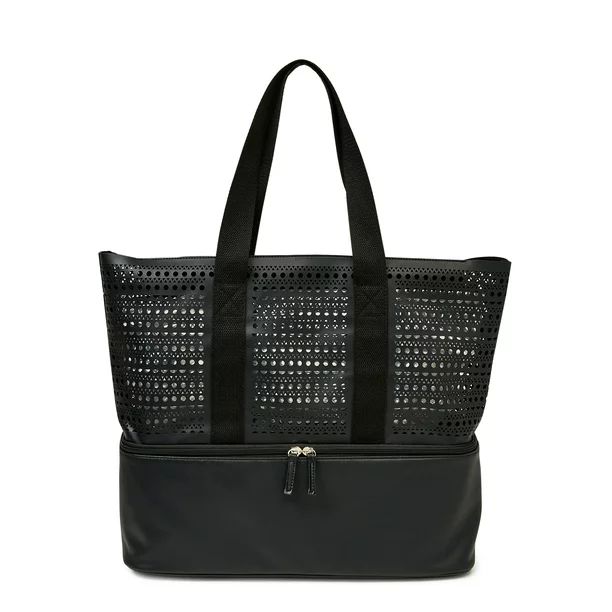 No Boundaries Women’s Beach Tote Handbag with Zip Bottom Cooler Black Perforated - Walmart.com | Walmart (US)