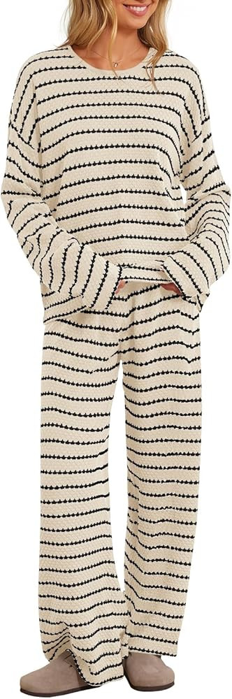 MEROKEETY Women's Two Piece Sweater Sets Trendy Striped Long Sleeve Top Wide Leg Pants Matching O... | Amazon (US)