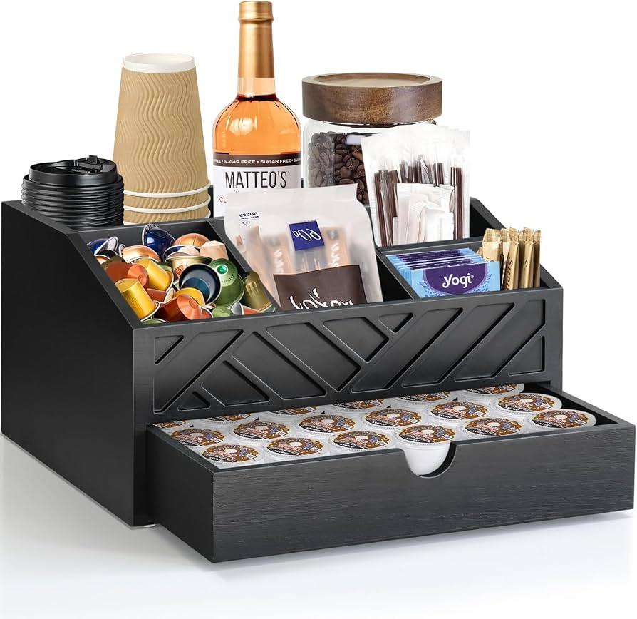 Coffee Bar Organizer with Drawer, Coffee Station Organizer for Countertop, Wood Coffee Bar Access... | Amazon (US)