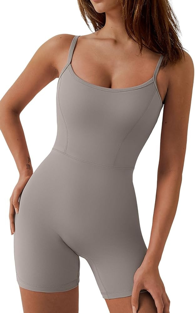 QINSEN Womens Sexy Spaghetti Strap Bodycon Stretch Jumpsuit U Neck One Piece Short Romper | Amazon (US)