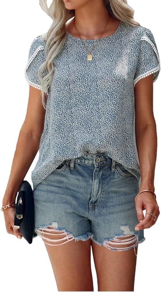 PRETTYGARDEN Women's Shirts Summer Casual Crewneck Lace Crochet Short Sleeve Blouses Cute Floral ... | Amazon (US)