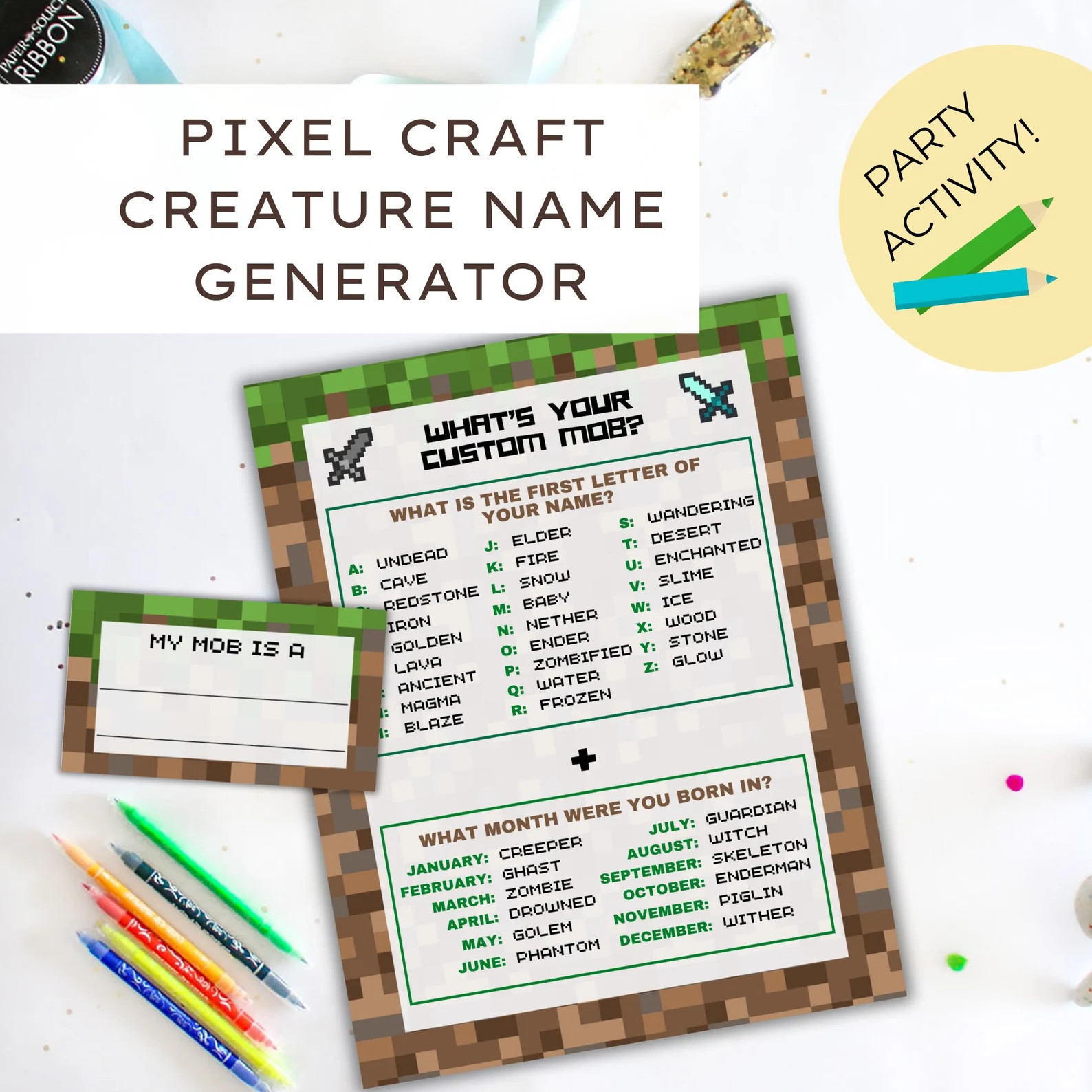 Pixel Craft Party Activity, Printable Pixel Craft Creature MOB Name Generator, DIGITAL DOWNLOAD -... | Etsy (US)