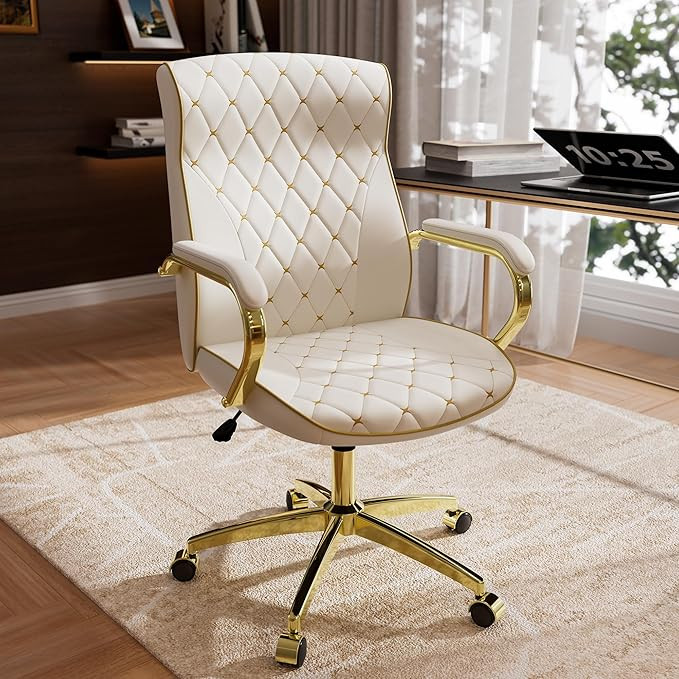 HomeZeer White and Gold Office Chair with Soft Leather Embroidery, Mid Back Vintage Swivel Execut... | Amazon (US)