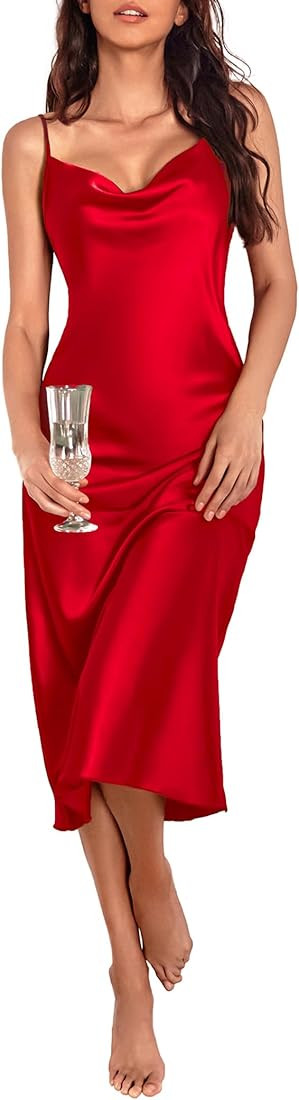 Ekouaer Womens Satin Nightgown Sexy Lingerie Sleepwear Spaghetti Strap Cowl Neck Elegant Long Sli... | Amazon (US)