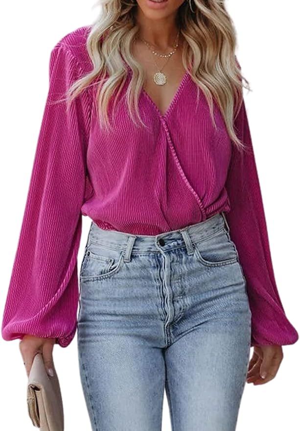 CUPSHE Women Peasant Sleeve Tops Casual Loose Fit V Neck Solid Ruched Blouse | Amazon (US)