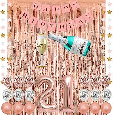 Rose Gold 21 Birthday Party Decorations Supplies, Champagne Balloon, Pink Happy Birthday Banner, ... | Amazon (US)