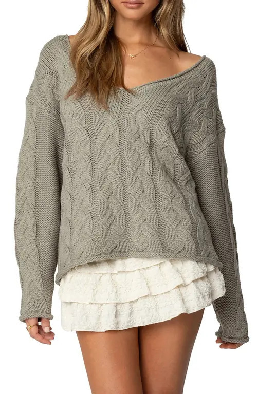 EDIKTED Inga Oversize Cable Knit Sweater in Olive at Nordstrom, Size Large | Nordstrom