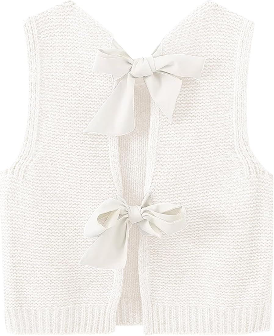 BAIGRAM Women Cute Cropped Knit Bow Sweater Vest Open Back Tie Tops Sleeveless Cardigan Casual Te... | Amazon (US)
