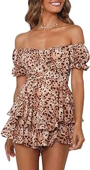 Fixmatti Women Boho Romper Off Shoulder Floral Print Chiffon Shorts Jumpsuit | Amazon (US)
