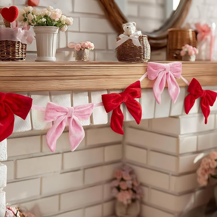 Valentines Day Decorations - 6.5 Ft Pink and Red Velvet Bow Garland - Valentines Day Decor for Ho... | Amazon (US)