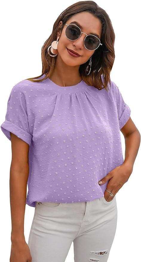 Romwe Women's Casual Swiss Dot Round Neck Pleated Short Sleeve Work Blouse Top Shirt | Amazon (US)