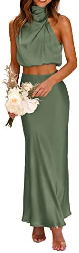 PRETTYGARDEN Women's 2 Piece Satin Outfits Summer Sleeveless Mock Neck Crop Tops And Long Skirt D... | Amazon (US)