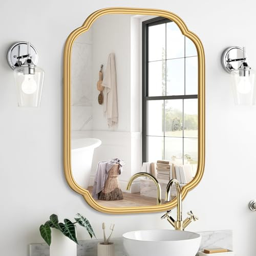 Ferytange Gold Mirrors for Bathroom, 18" x 24" Rectangular Wall Mirror for Bathroom Metal Frame Farmhouse Rounded Corner Wall Mirror (Horizontal/Vertical) | Amazon (US)