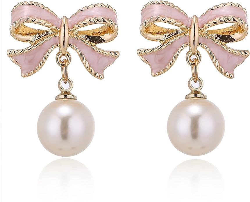 Faux Imitation Pearl Pink Bowknot Dangle Drop Earring Stud | Amazon (US)