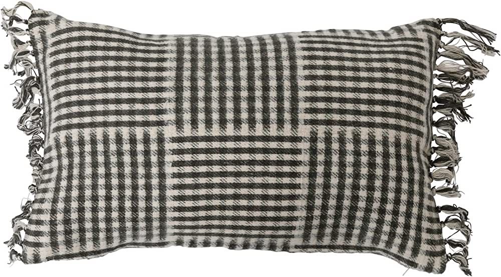 Creative Co-Op Cotton Flannel Lumbar Gingham Pattern and Fringe Pillow, 1 Count (Pack of 1), Blac... | Amazon (US)