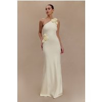 Paloma One Shoulder Knit Maxi Dress With Flowers - Ivory | MESHKI US