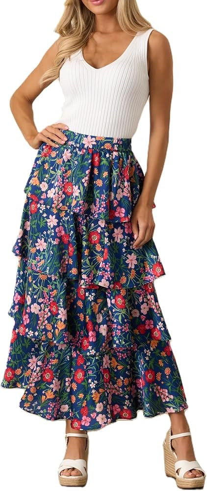Floral Maxi Skirts for Women Summer Elastic High Waist A-Line Boho Beach Long Skirts Ruffle Flowy... | Amazon (US)