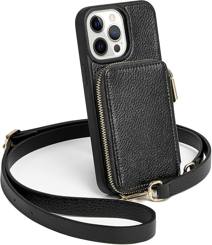 ZVE iPhone 12 Pro Max Crossbody Wallet Case, Zipper Phone Case with Credit Card Holder Wrist Stra... | Amazon (US)
