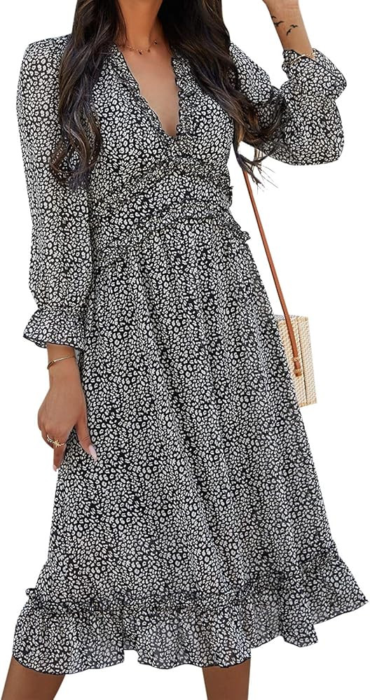 Women's Casual Midi Dress,V Neck Long Sleeves Floral Ruffle Summer Maxi Dresses | Amazon (US)