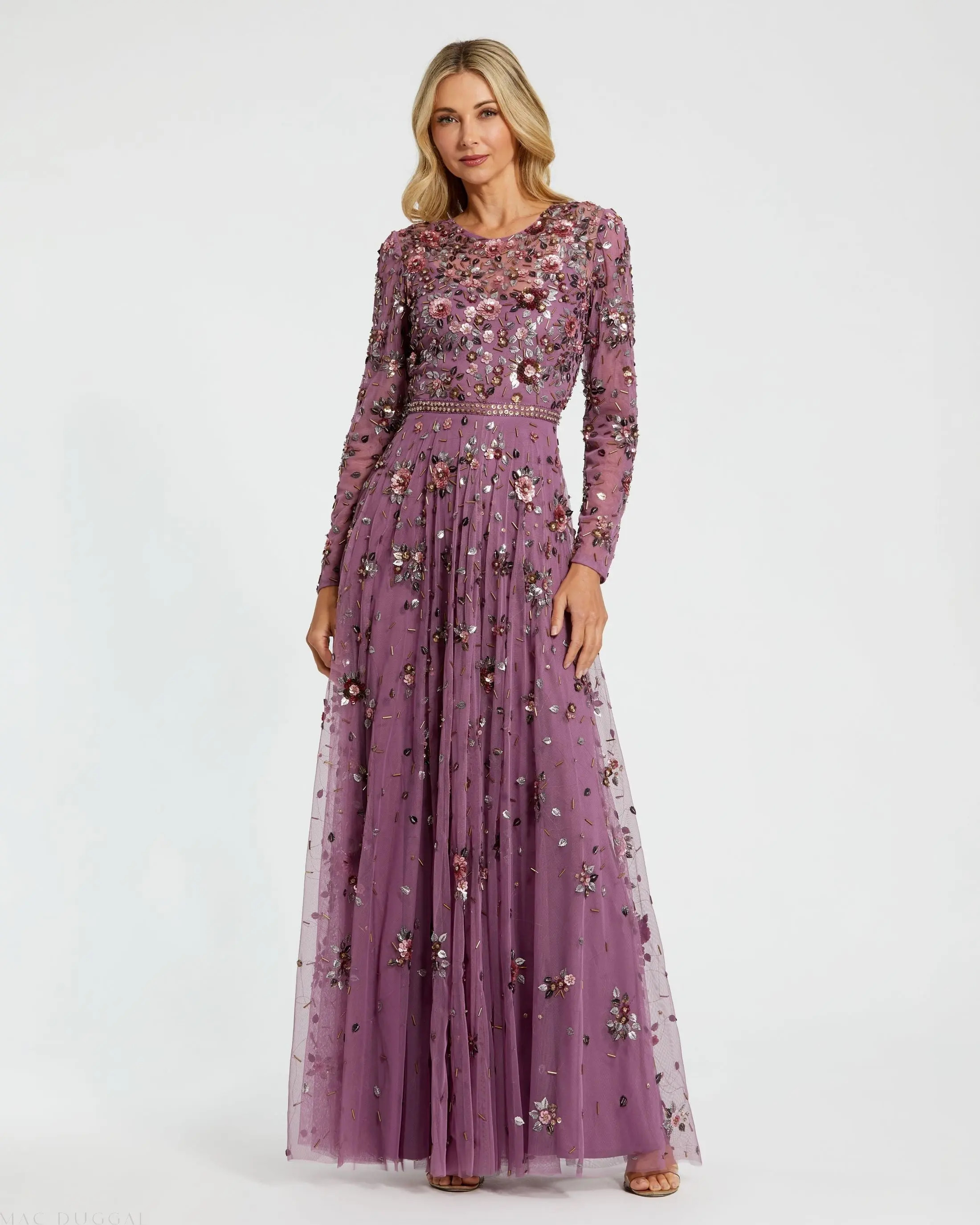 Purple Long Sleeve High Neck Beaded Gown - Mac Duggal | Mac Duggal