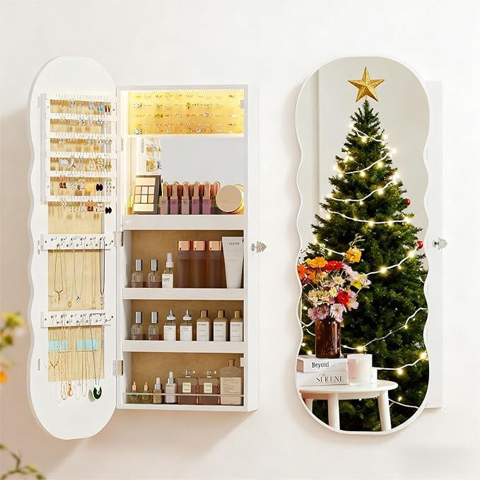 Lvifur Jewelry Armoires with LED Lights, Hanging Jewelry Storage Cabinet Lockable Wavy Mirror Jew... | Amazon (US)