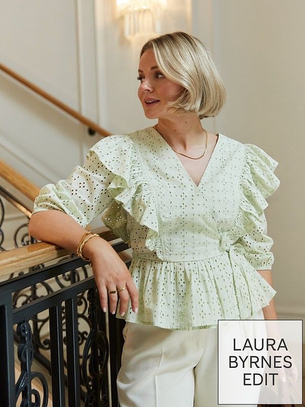 X Laura Byrnes Broderie Wrap Blouse - Light Green | Very (UK)